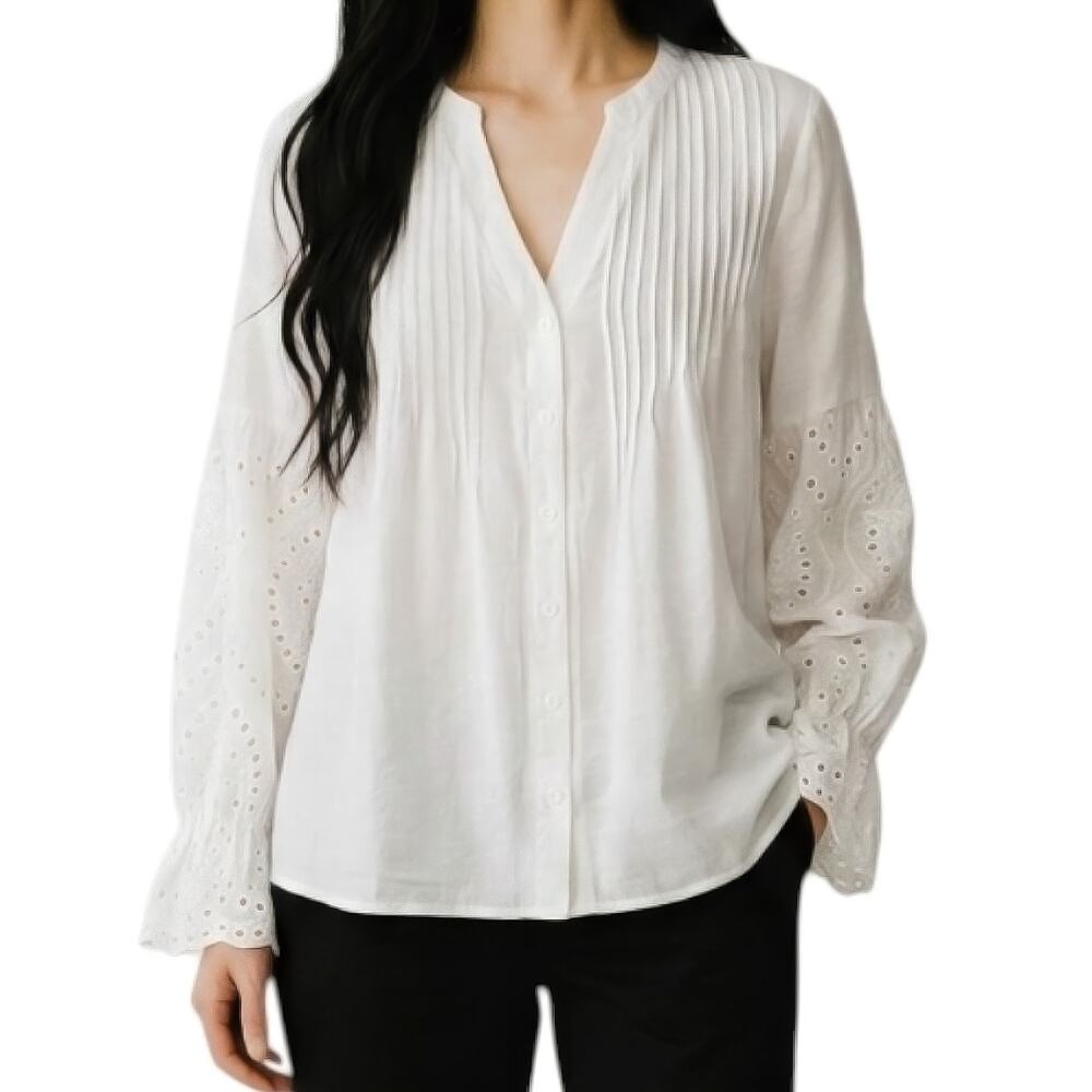 Light Airy White SHIEN Eyelet sleeve Boho Beach Travel top Large